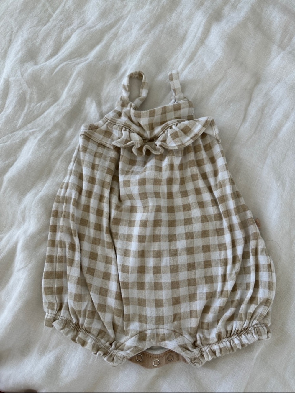 Beige & White Gingham Baby girl Romper. Organic cotton